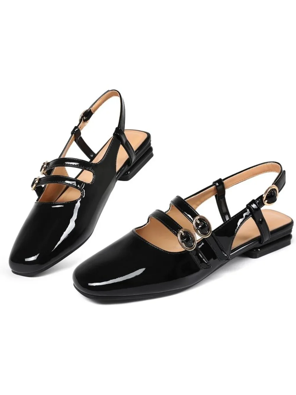 Women's Black Closed Square Toe Strap Slingback Low Heels Pumps for Party Dress